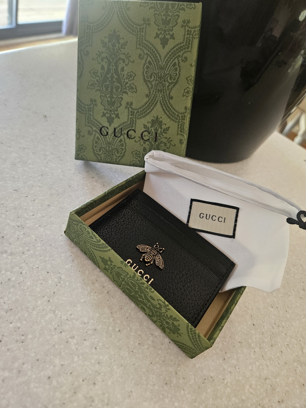 Black Leather Card Holder with Gold Bee & Logo